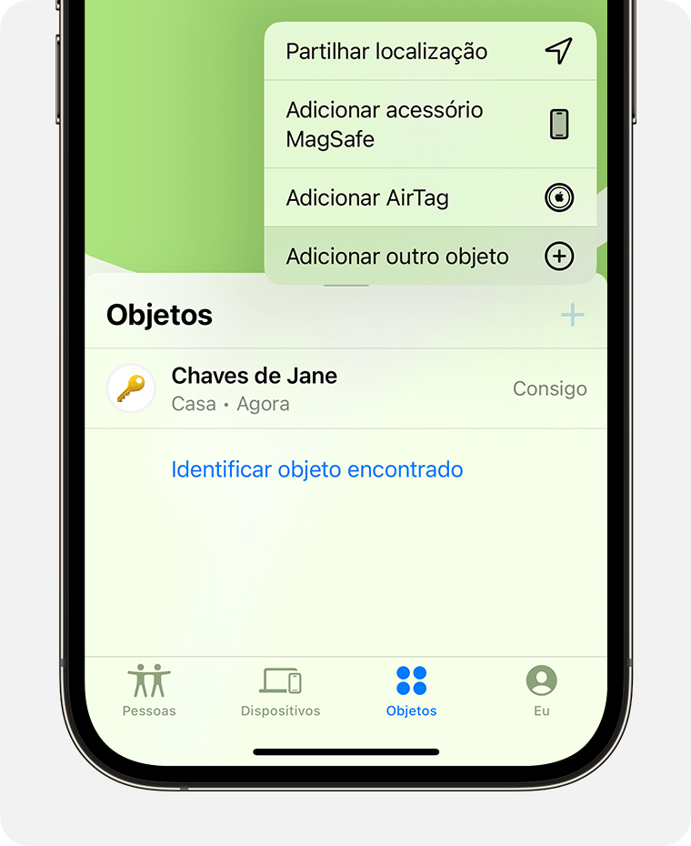 Na app Encontrar, toque em Adicionar outro objeto para adicionar um acessório de terceiros da rede Encontrar.