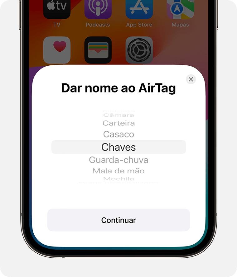 Selecione um nome da lista para o AirTag ou crie um nome personalizado.