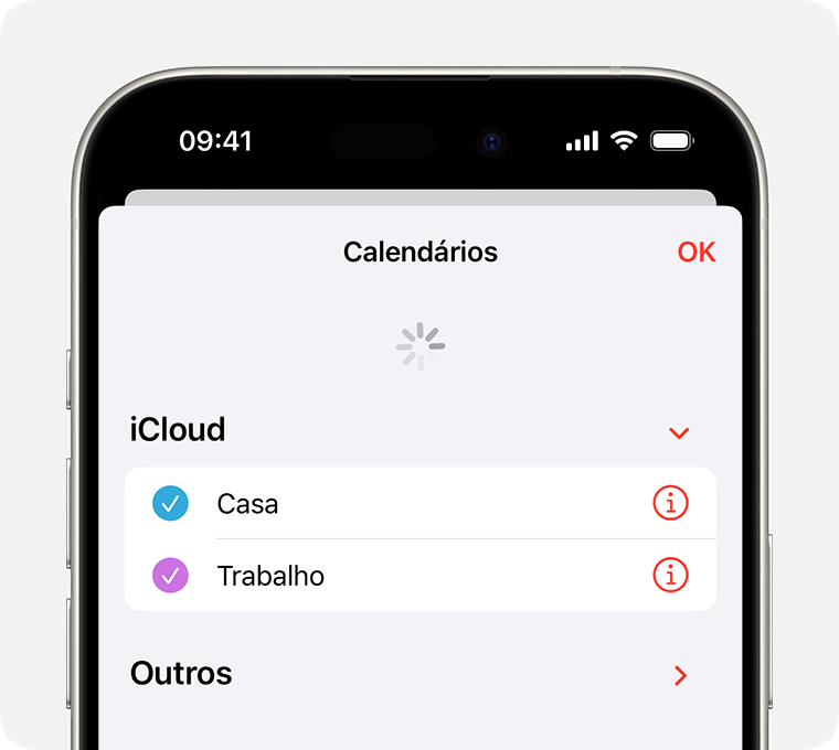 Um ecrã de iPhone a mostrar o separador Calendários a ser atualizado.