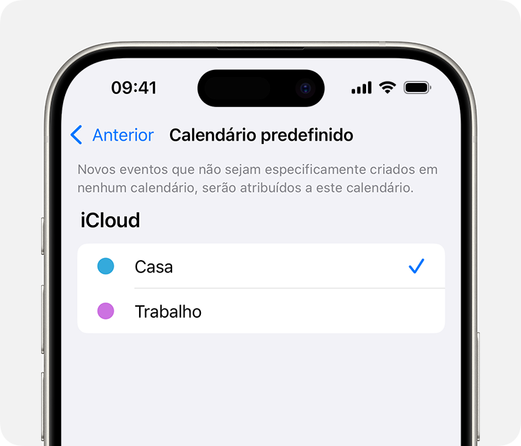 Um ecrã de iPhone a mostrar Pessoal selecionado como Calendário predefinido.