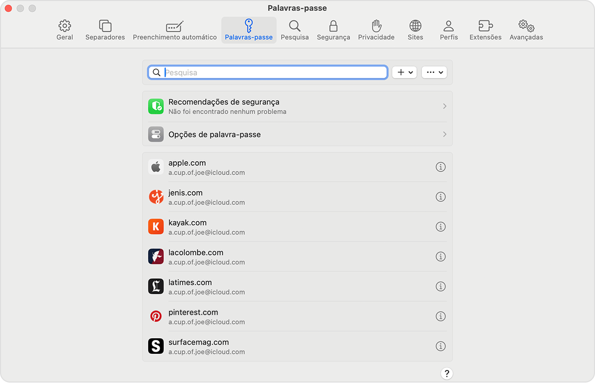 No Mac, pode ver as palavras-passe e chaves de acesso guardadas nas Definições do Safari.