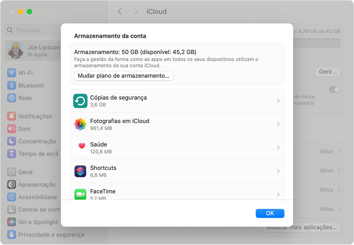 O botão Atualizar armazenamento encontra-se por baixo do plano de armazenamento do iCloud e do armazenamento disponível.