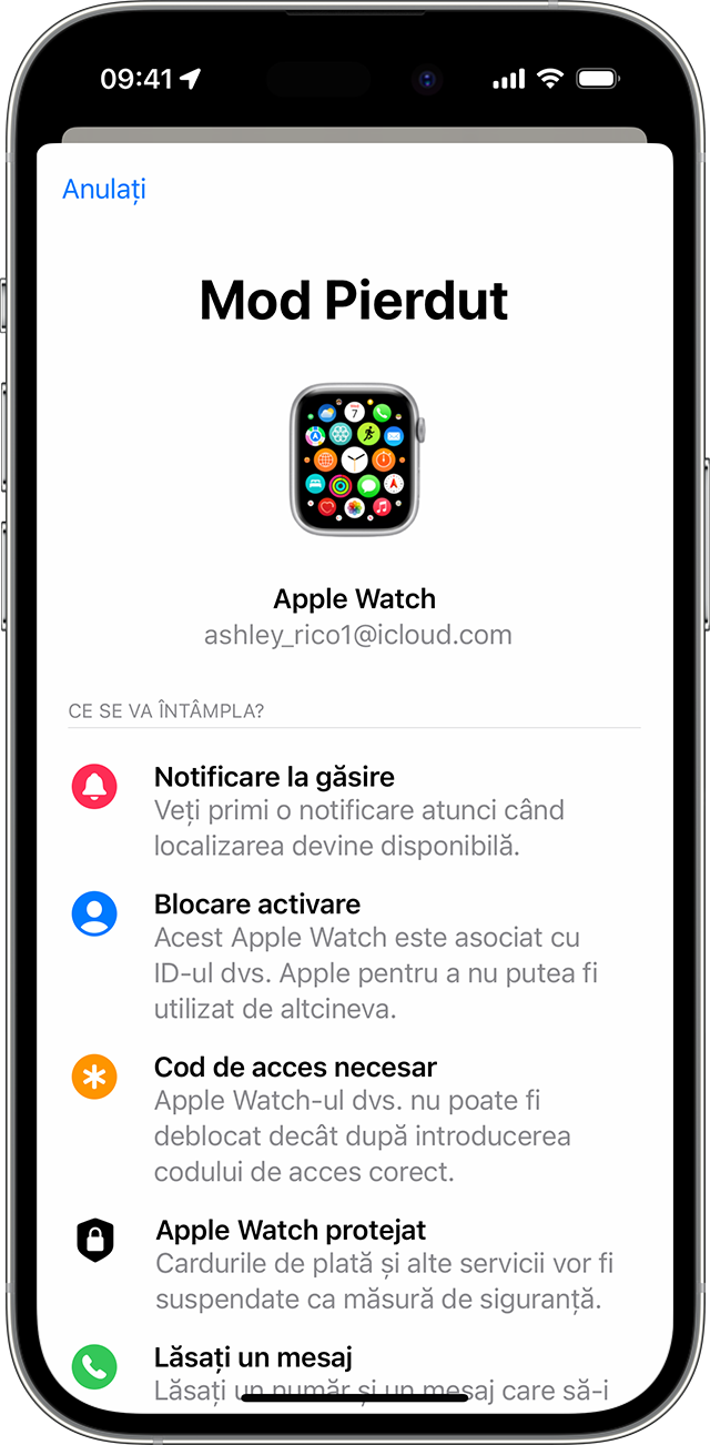Pe iPhone, activează modul Pierdut pentru dispozitivul tău Apple Watch.