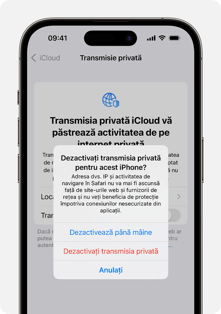 Când dezactivezi funcția Transmisie privată pe iPhone, vei primi o alertă care te informează că adresa IP și activitatea de navigare în Safari nu vor mai fi ascunse