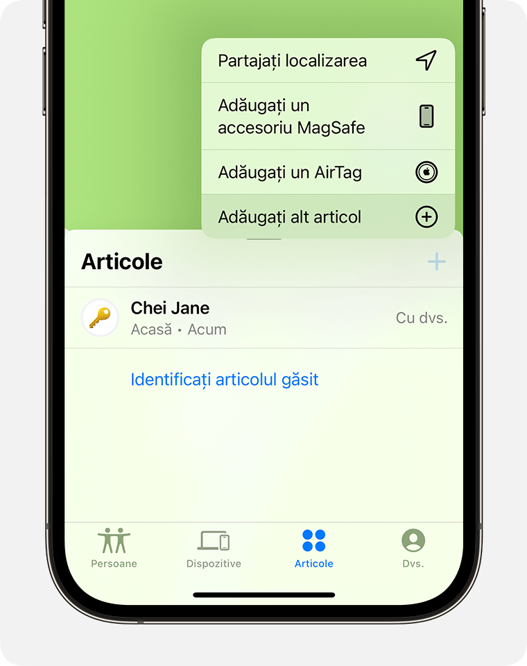 În aplicația Găsire, atinge Adăugați alt articol pentru a adăuga un accesoriu terț din rețeaua Găsire.