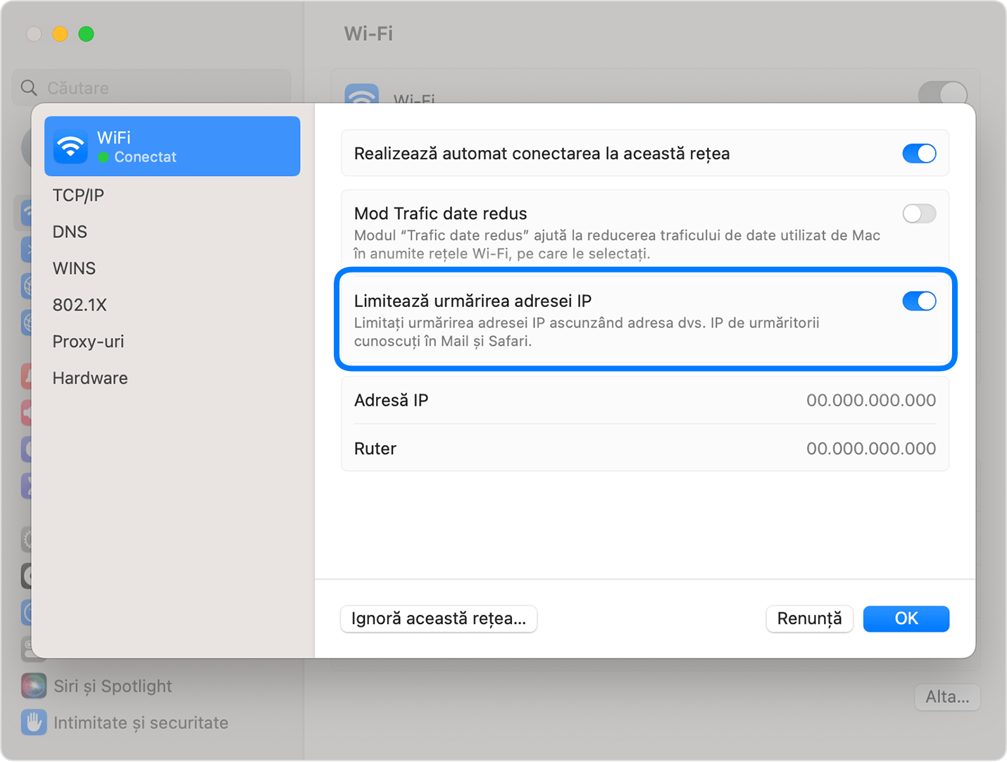 Dezactivează funcția Transmisie privată pentru o anumită rețea Wi-Fi pe computerul Mac