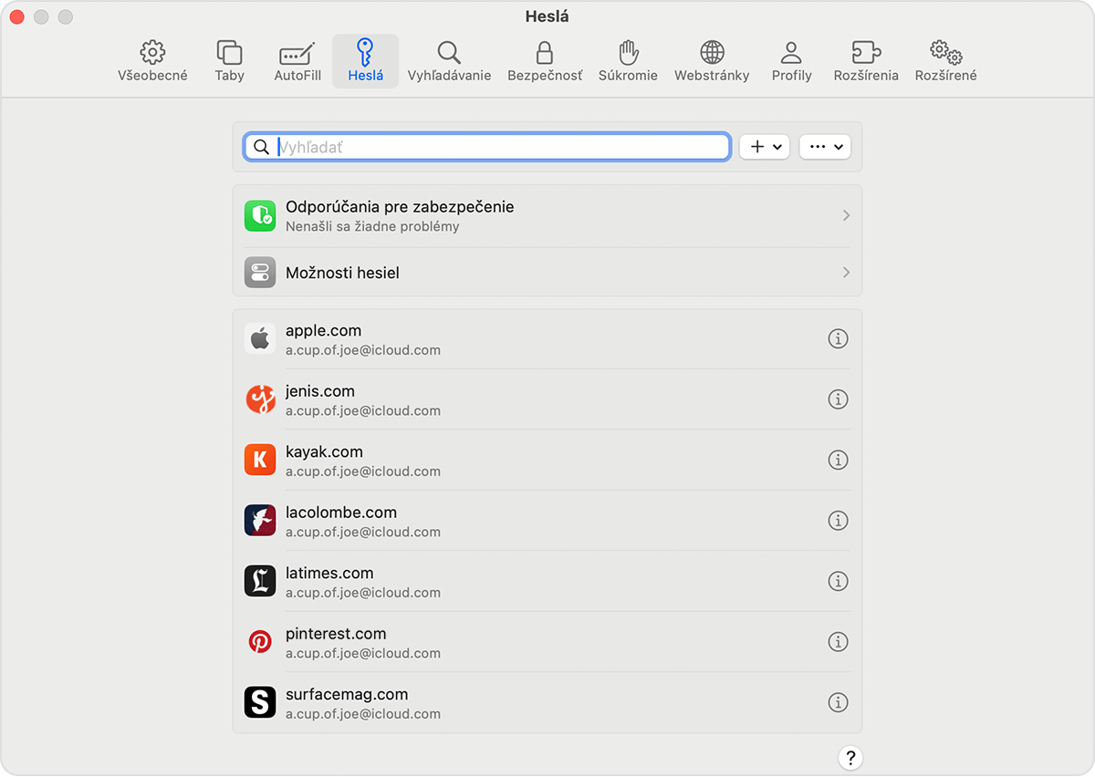 Na Macu môžete zobraziť uložené heslá a prihlasovacie kľúče v Nastaveniach prehliadača Safari.