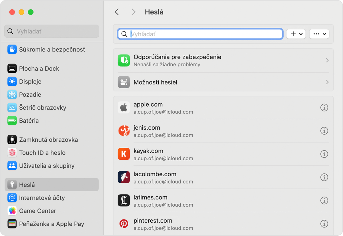 Na Macu môžete vyhľadať uložené heslá a prihlasovacie kľúče v Nastaveniach.