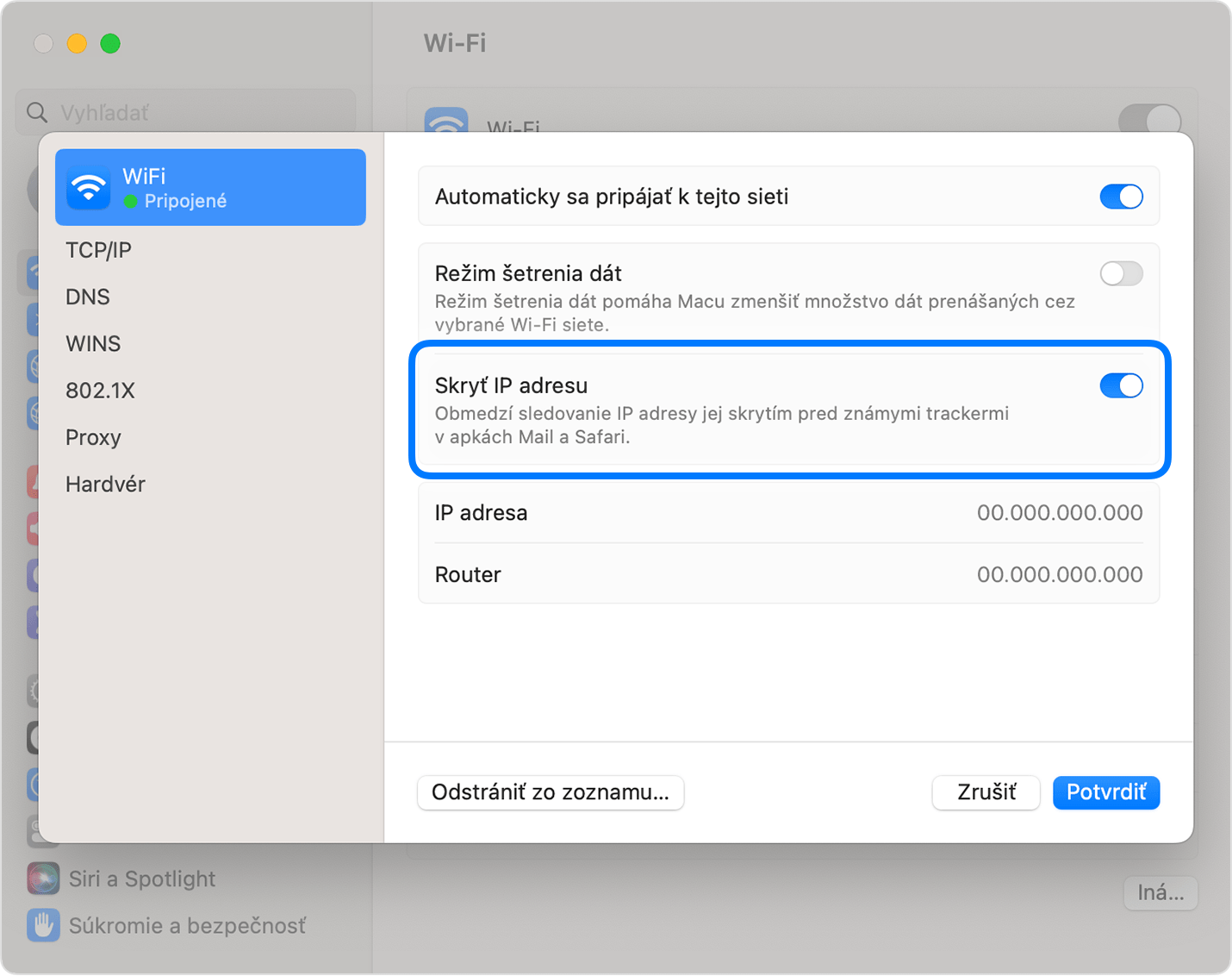 Vypnutie Súkromného prenosu pre konkrétnu Wi-Fi sieť na Macu