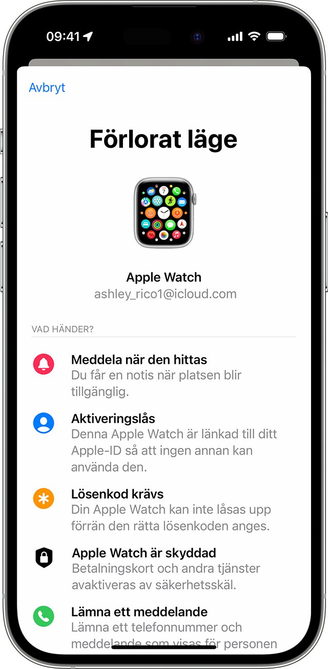 Aktivera förlorat läge för din Apple Watch på iPhone.