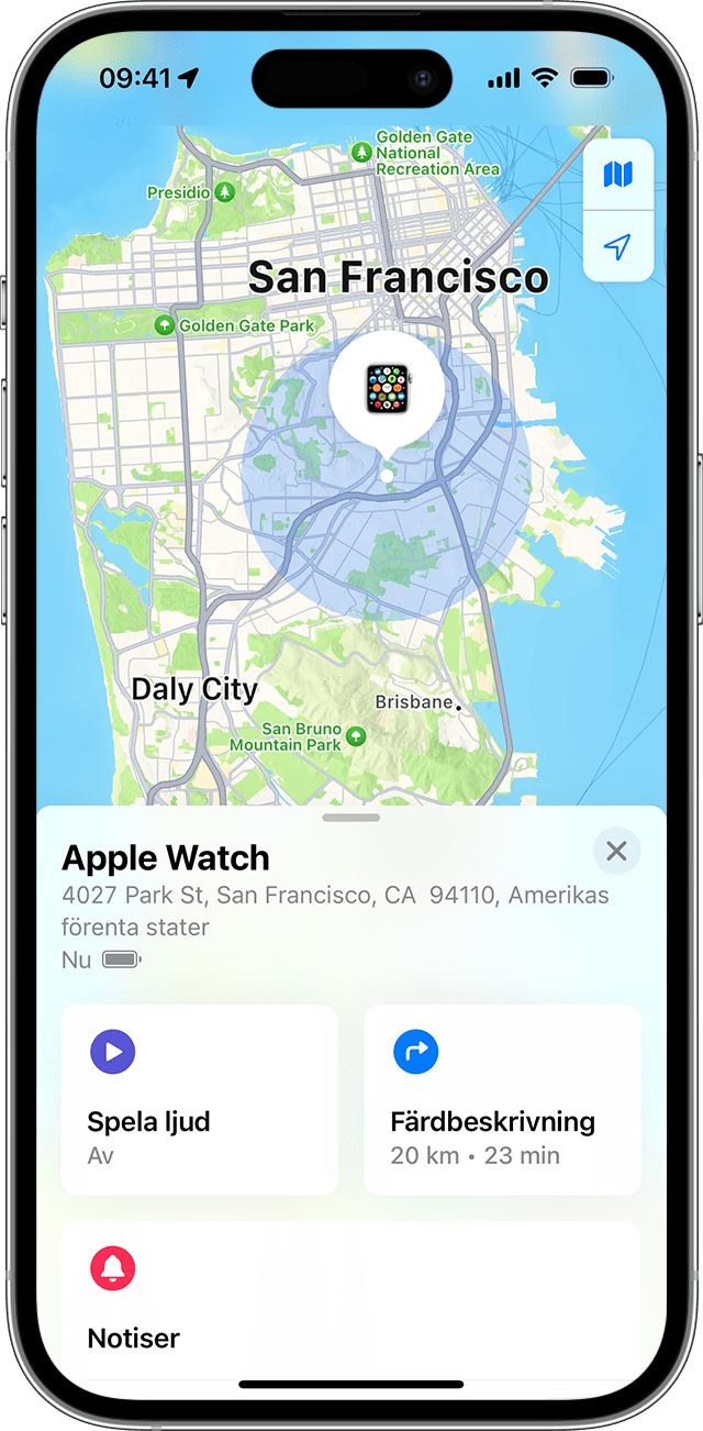 Hitta visar den ungefärliga platsen för din Apple Watch på en karta