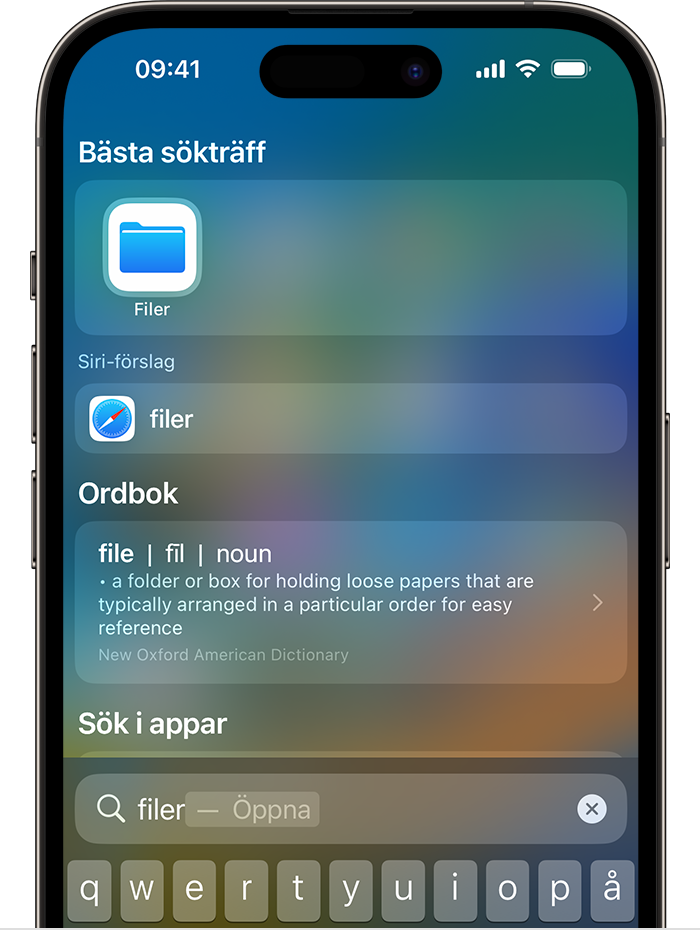 En bild av Sök på en iPhone. Symbolen för appen Filer är listad under Bästa sökträff högst upp på skärmen.
