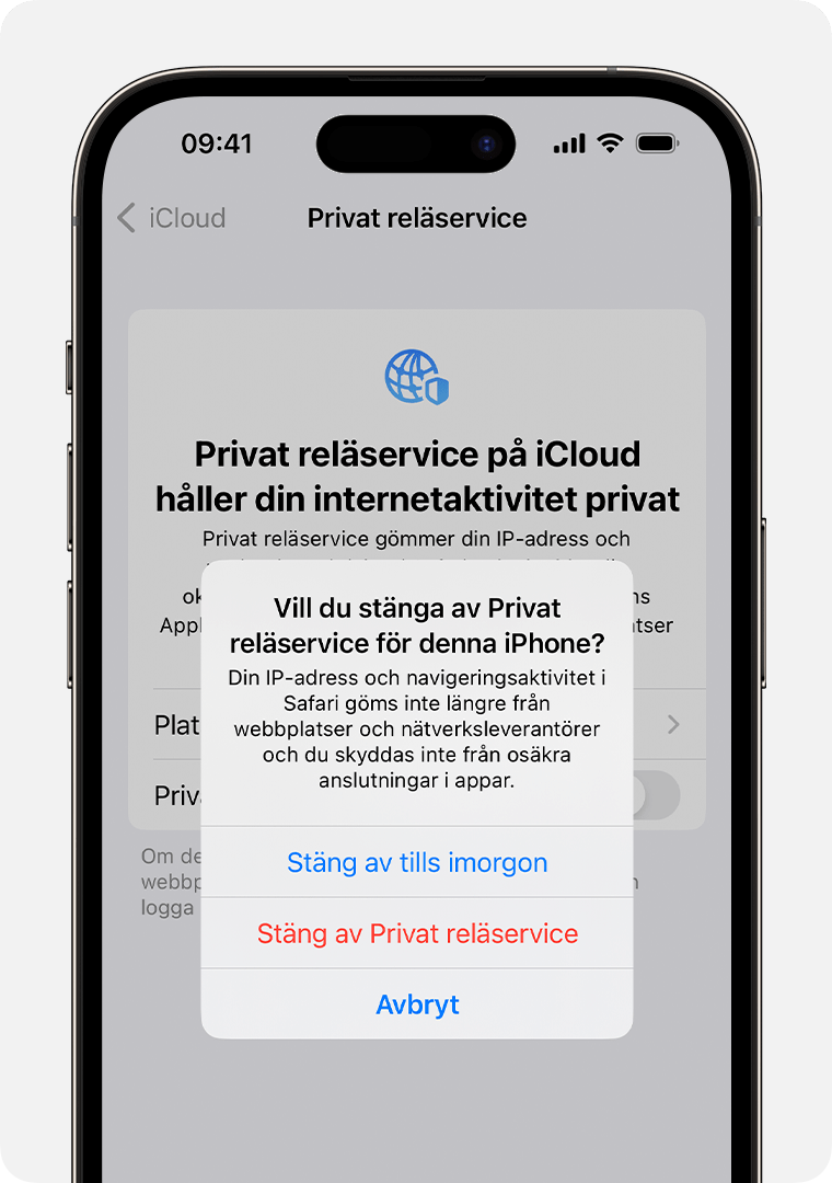 När du stänger av Privat reläservice på din iPhone får du en varning om att din IP-adress och surfaktivitet i Safari inte längre kommer att döljas