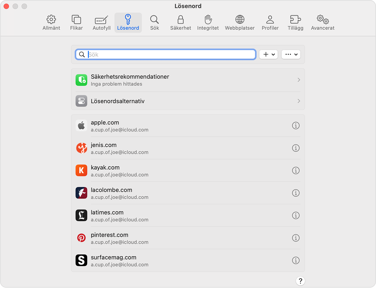 På din Mac kan du se sparade lösenord och nycklar i Safari-inställningar.