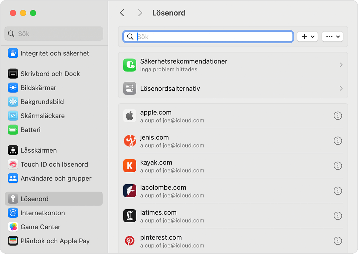 Du kan hitta dina sparade lösenord och nycklar i Inställningar på Mac.