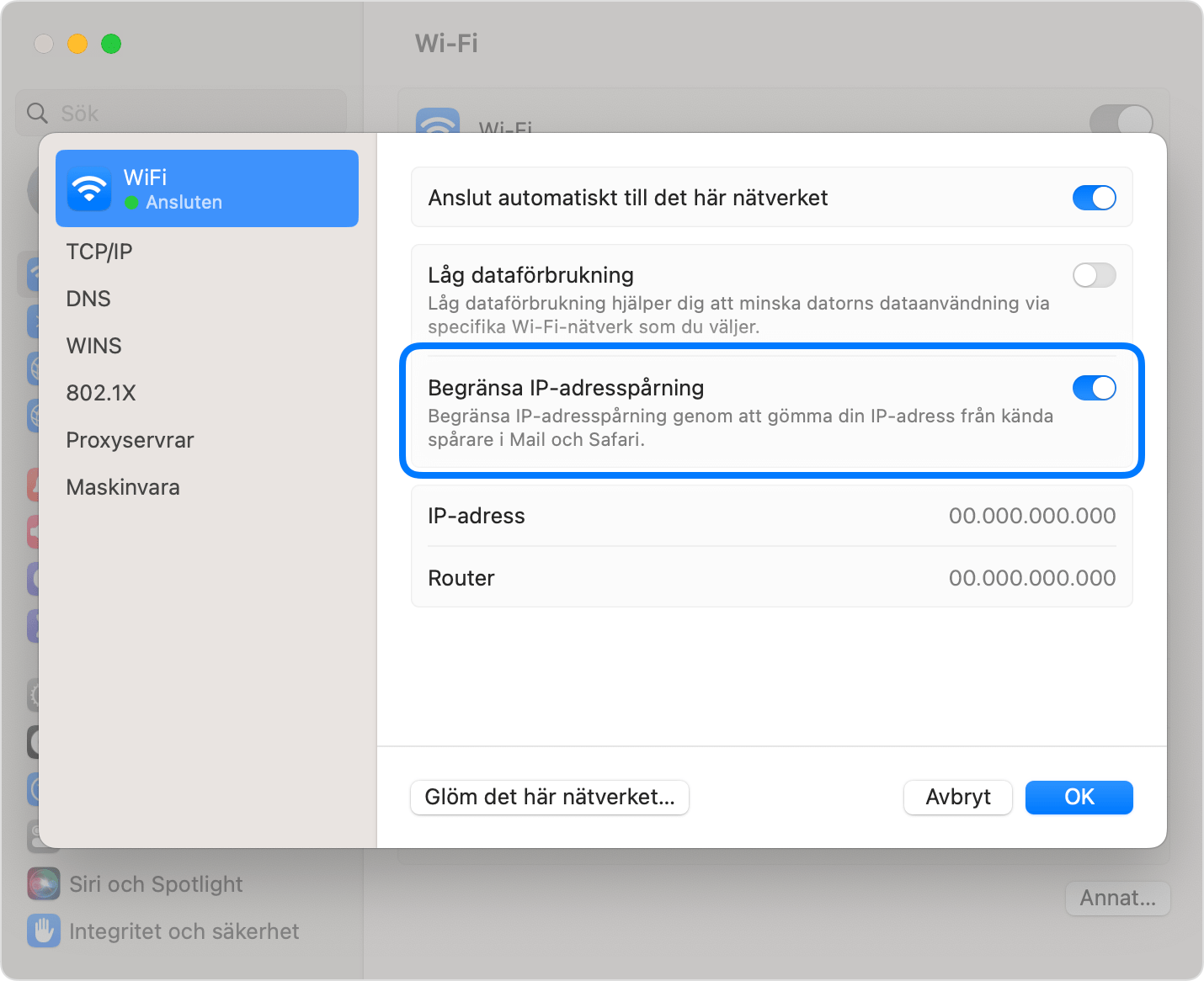 Stänga av Privat reläservice för ett specifikt nätverk på en Mac