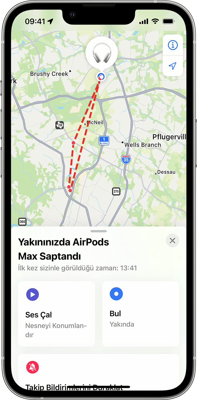 iPhone'da Bul uygulamasındaki haritada gösterilen bilinmeyen nesne