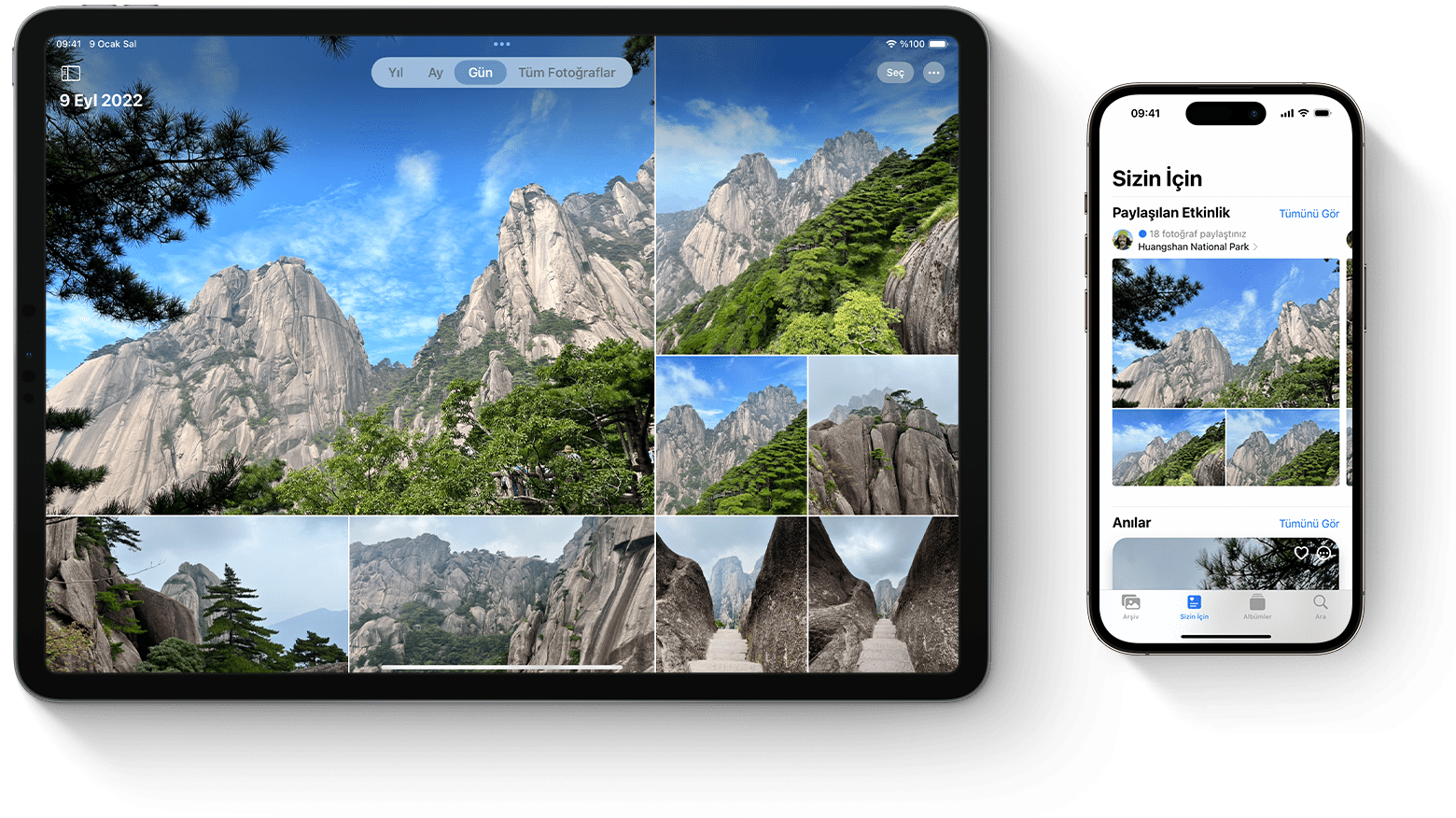 Fotoğraflar uygulamasının gösterildiği bir iPad ve iPhone 
