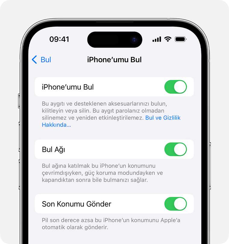 iPhone Ayarlarında Bul'u ve Bul ağını açabilirsiniz.