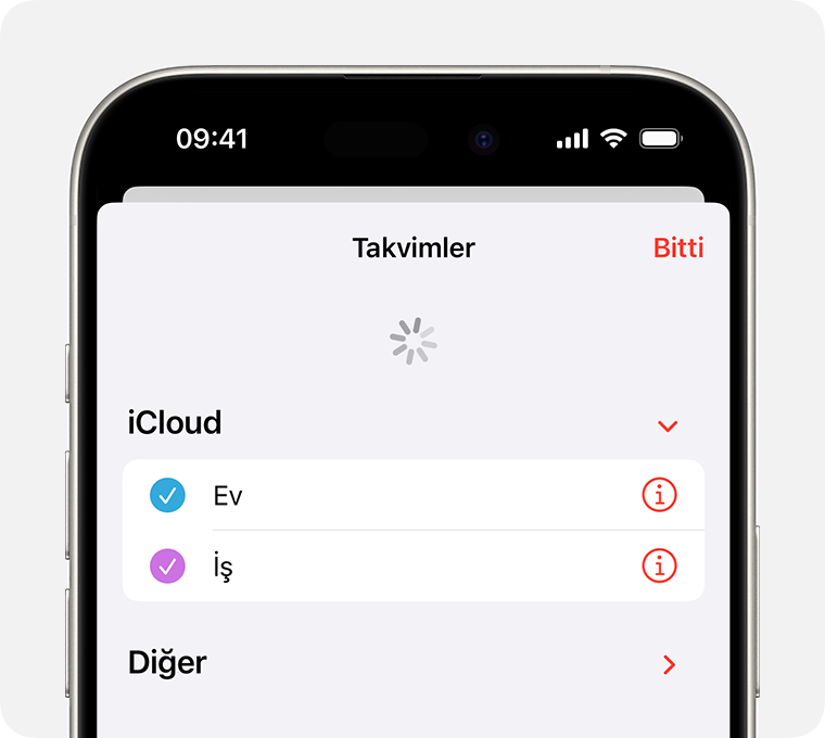 Takvimler sekmesinin yenilendiğini gösteren bir iPhone ekranı.