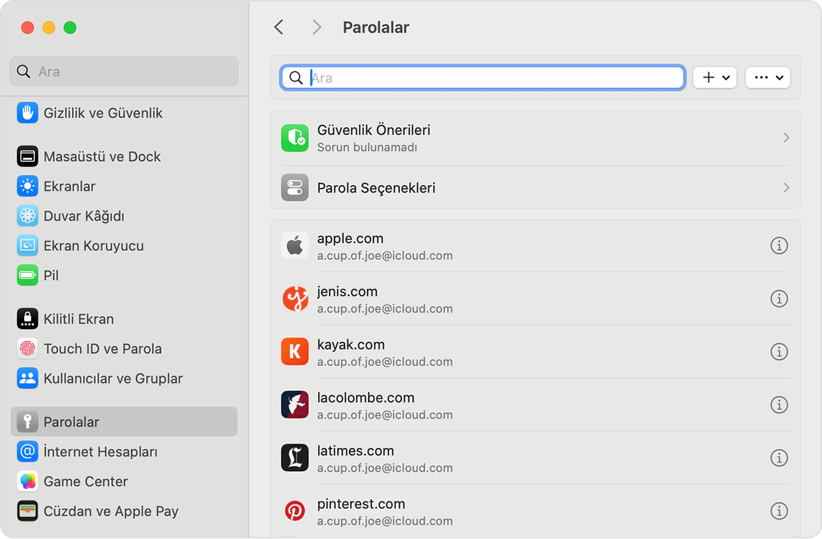 Kayıtlı parolalarınızı ve geçiş anahtarlarınızı Mac'teki Ayarlar'da bulabilirsiniz.