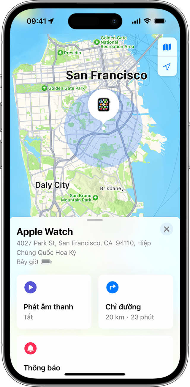 Ứng dụng Tìm hiển thị vị trí gần đúng của Apple Watch trên bản đồ