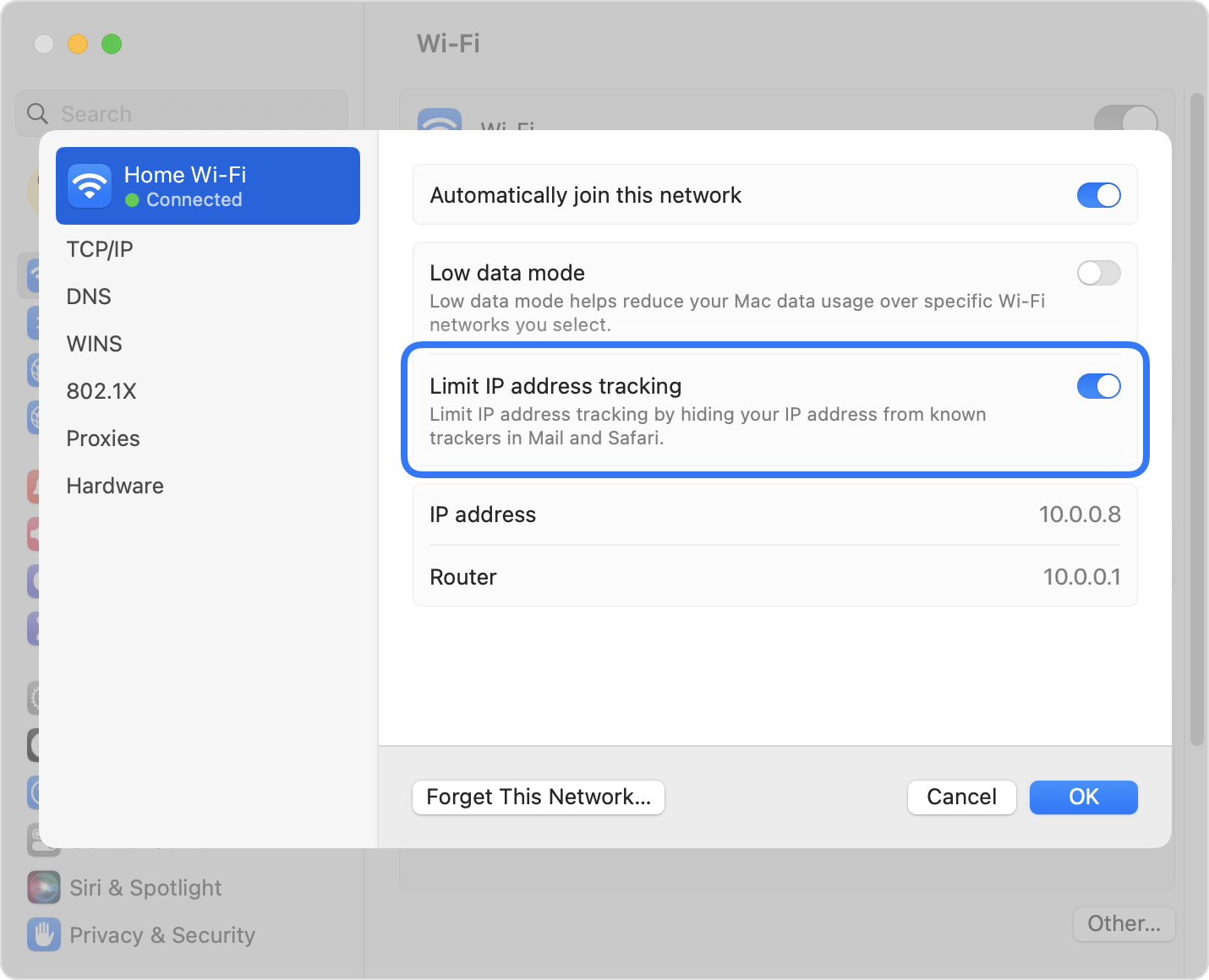 Turn off Private Relay for a specific Wi-Fi network on Mac