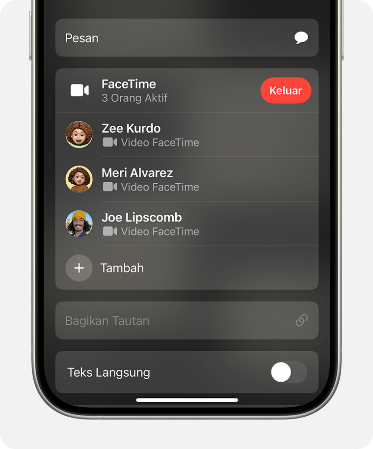 iPhone yang menampilkan app FaceTime. Tombol Tambah Orang berada di bawah daftar peserta panggilan.
