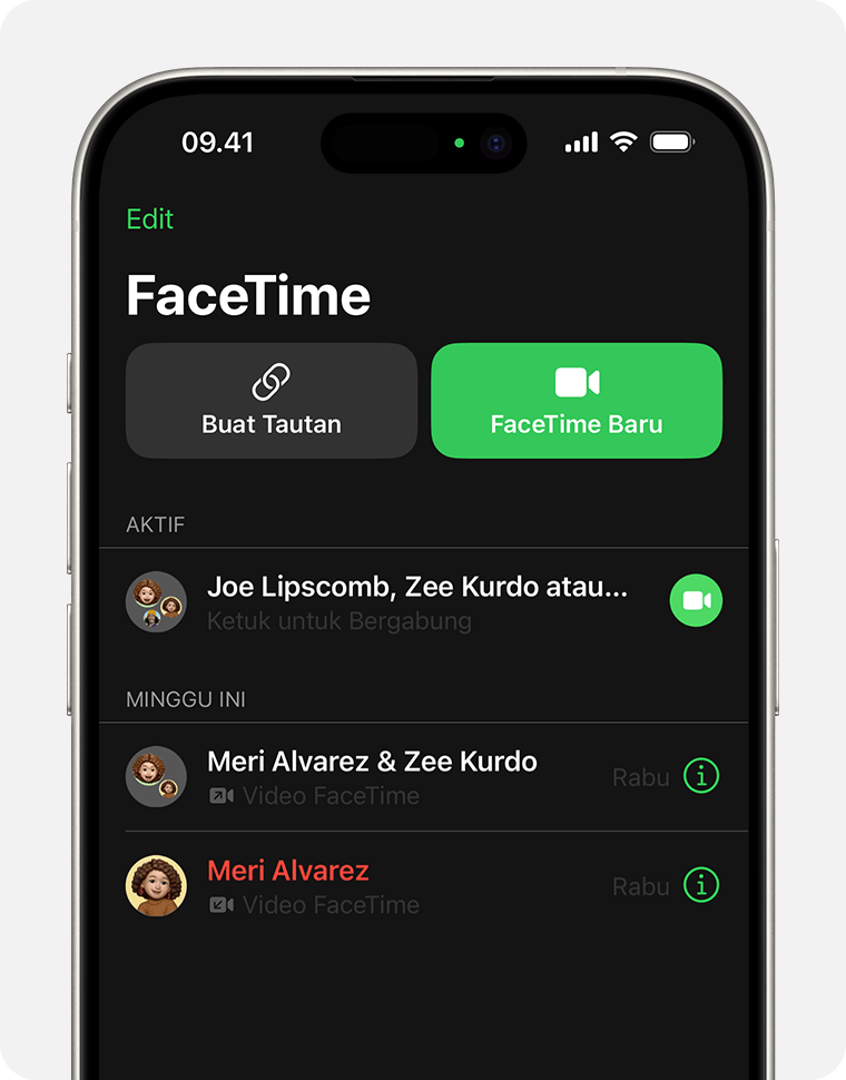 iPhone yang menampilkan app FaceTime. Tombol FaceTime berada di sebelah kanan panggilan yang sedang berlangsung, yaitu yang paling atas.