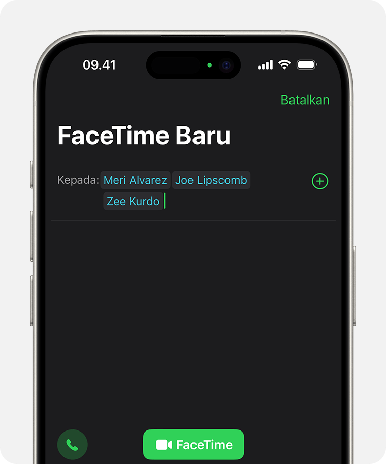 iPhone yang menampilkan layar untuk memilih peserta yang akan diundang ke panggilan FaceTime. Tombol Audio atau FaceTime berada di bagian bawah layar, di atas papan ketik.