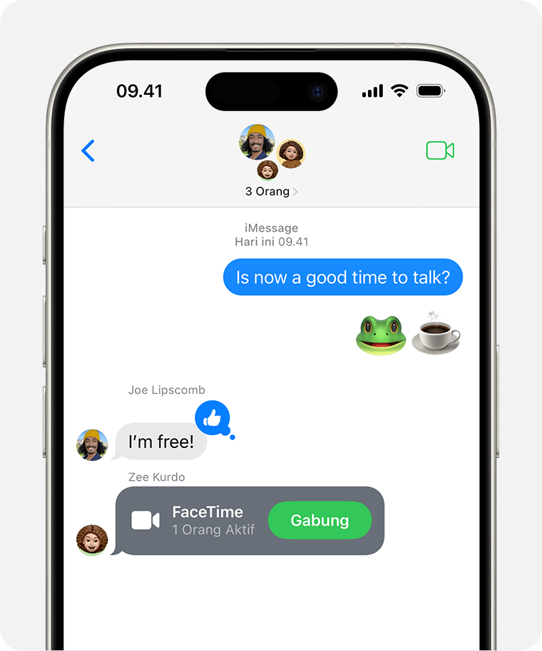 iPhone yang menampilkan percakapan grup di Pesan dan seseorang mengirimkan tautan untuk bergabung ke panggilan FaceTime. Ada tombol Bergabung di dalam percakapan dan di sudut kanan atas app Pesan.