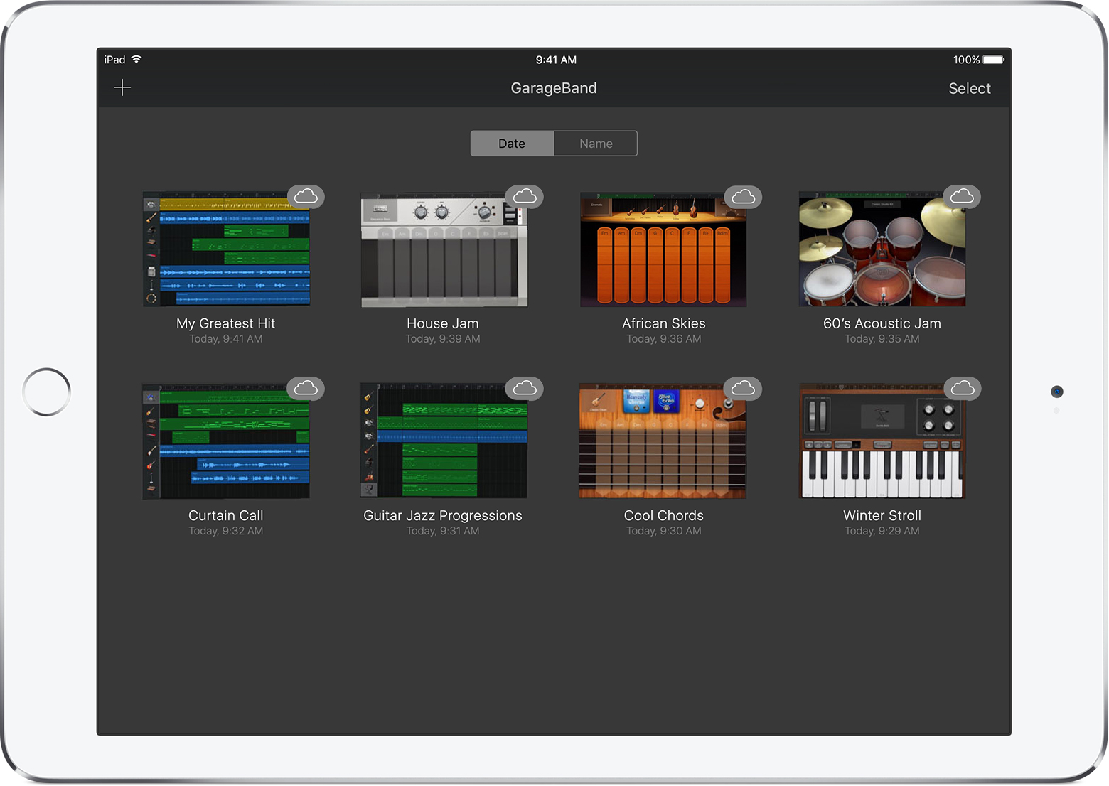 Thumbnails of 8 GarageBand files saved in iCloud in the My Songs browser.