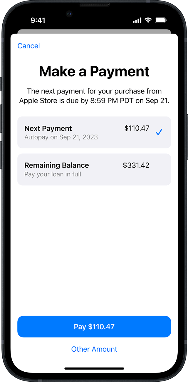An iPhone showing the Make a Payment screen in the Wallet app. This screen shows the Next Payment amount and the exact time that it is due. It also shows the Remaining Balance of the loan. A Pay button is at the bottom of the screen. This button allows you to pay the scheduled amount or you can tap Other Amount to pay a different amount. 