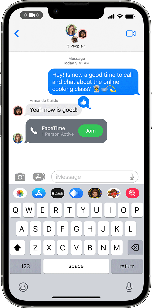 iPhone screen showing a Group FaceTime call started from a group message
