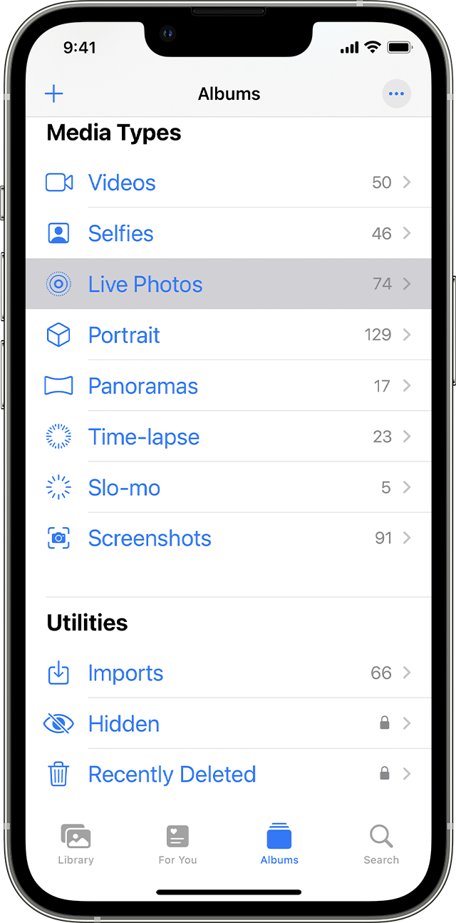 To find your Live Photos album, go to Photos > Albums, then scroll to Media Types and tap Live Photos.