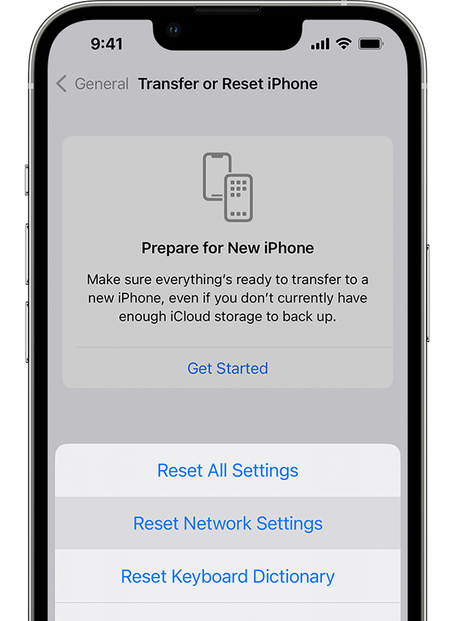 „iPhone“ įrenginys, kuriame rodomas ekranas „Transfer or Reset iPhone“ (perkelti arba nustatyti „iPhone“ iš naujo). 