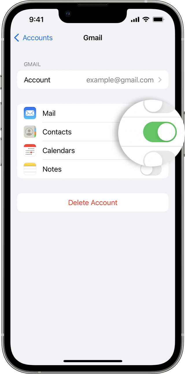 „iPhone“ ekranas, kuriame rodoma, kaip įjungti „Gmail“ paskyros programą „Contacts“ (adresatai)