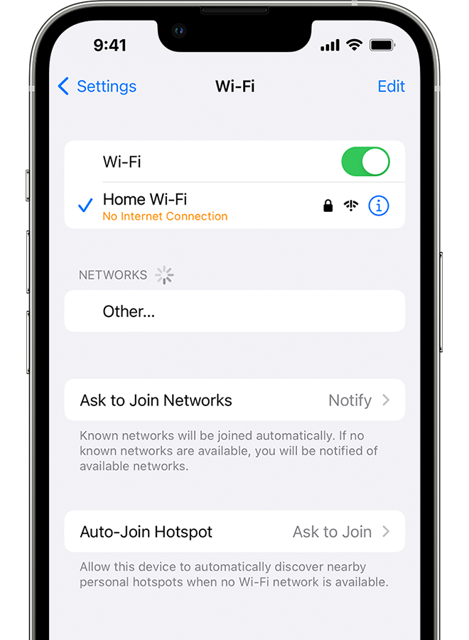 iPhone, на който се показва екранът с Wi-Fi. Под името на Wi-Fi мрежата има предупредително съобщение.