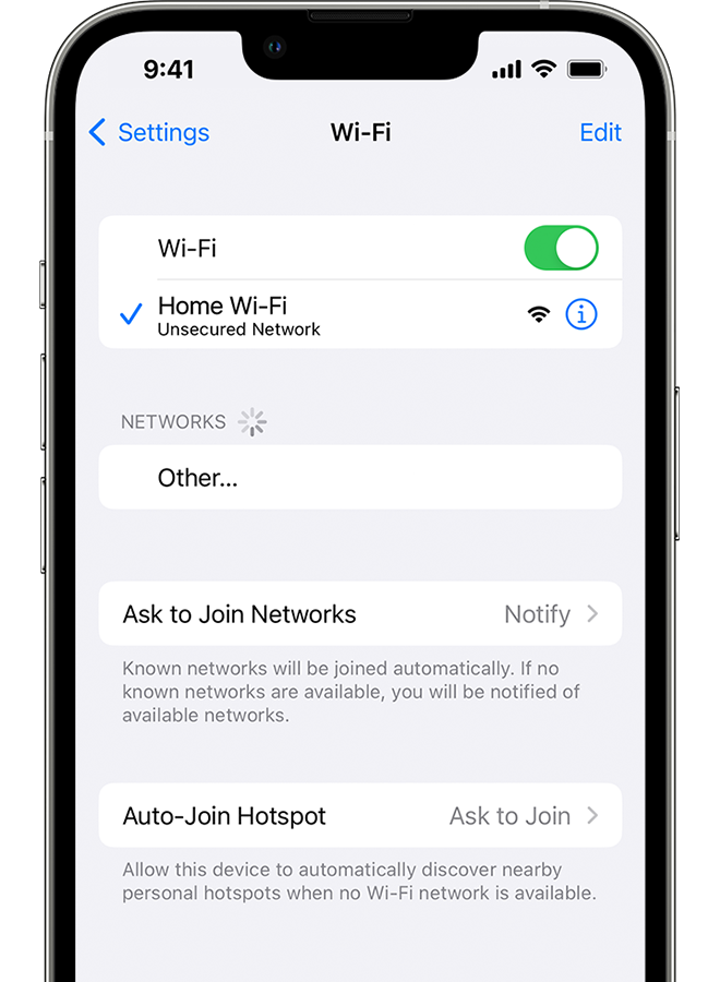 iPhone, на който се показва екранът с Wi-Fi. Има синя отметка до името на Wi-Fi мрежата.