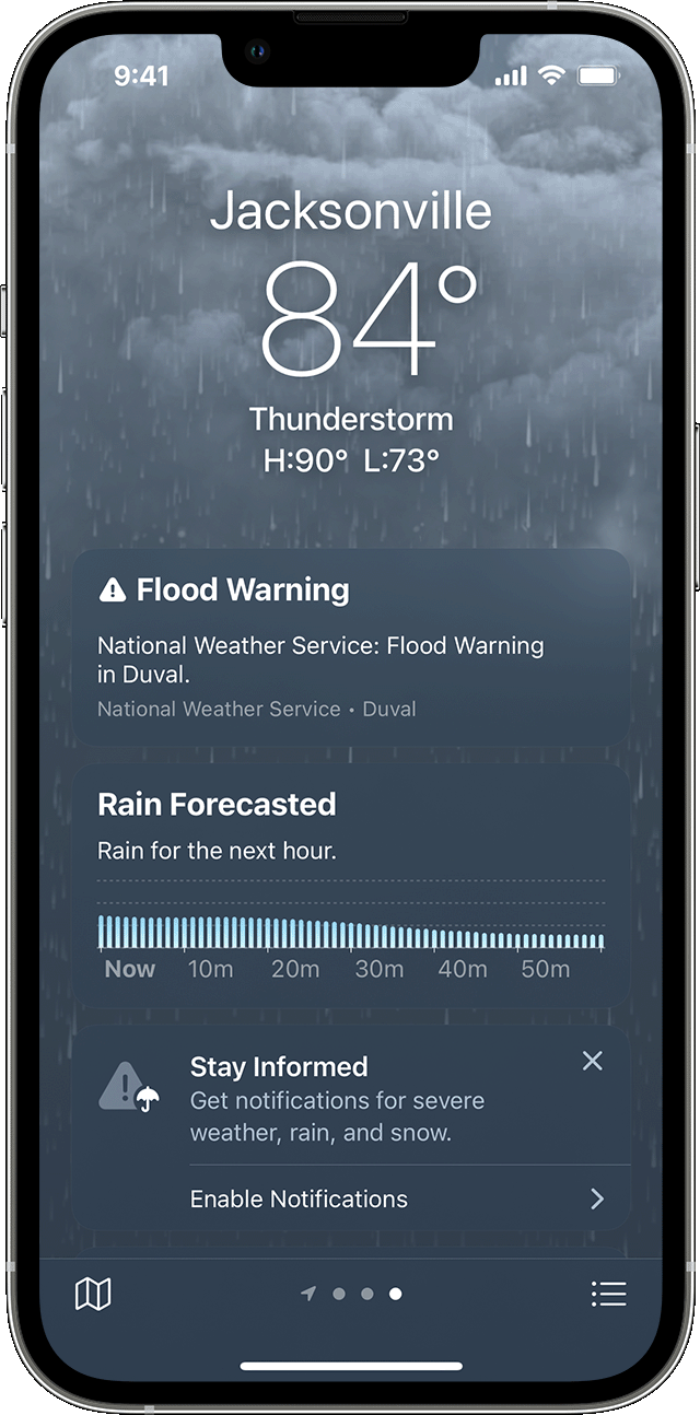 iPhone showing severe weather information in the Weather app.