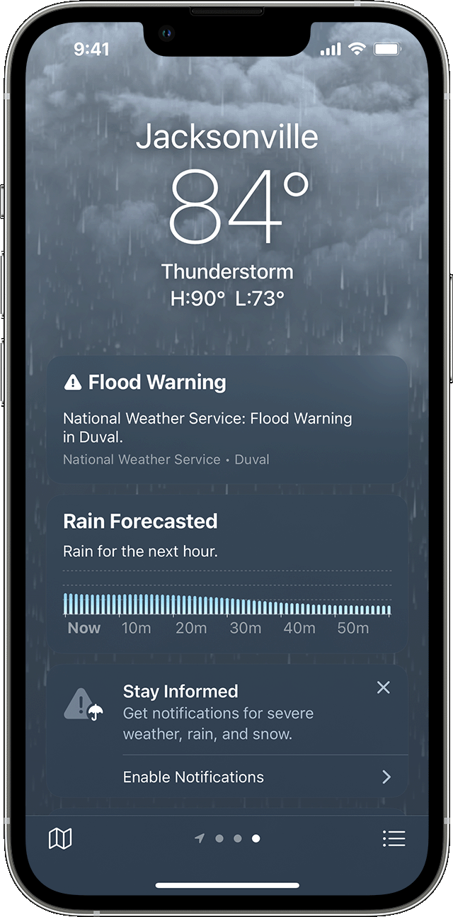 iPhone, показващ информация за лошо време в приложението Weather (Времето).