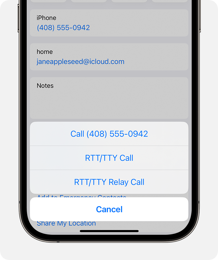 iPhone screen showing the menu to select RTT/TTY Call or RTT/TTY Relay Call