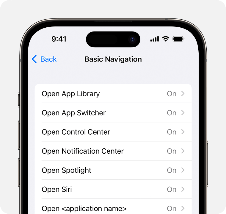 An iPhone showing the menu for Basic Navigation commands.