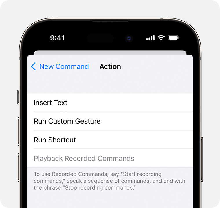 An iPhone showing the Action menu for a new command, where you can select an action to perform when you speak the command.