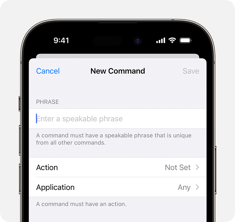 An iPhone showing the New Command settings, where you can enter a custom phrase.