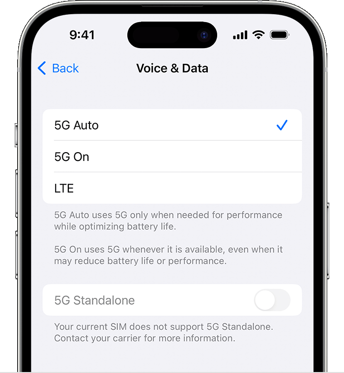 Screenshot showing Voice & Data preferences