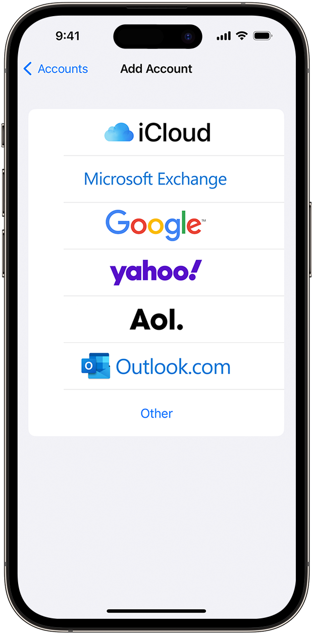 Gmail, Outlook ali druge e-poštne račune lahko v napravo iPhone dodaš tako, da izbereš »Settings« (Nastavitve) > »Mail« (Pošta) > »Accounts« (Računi).