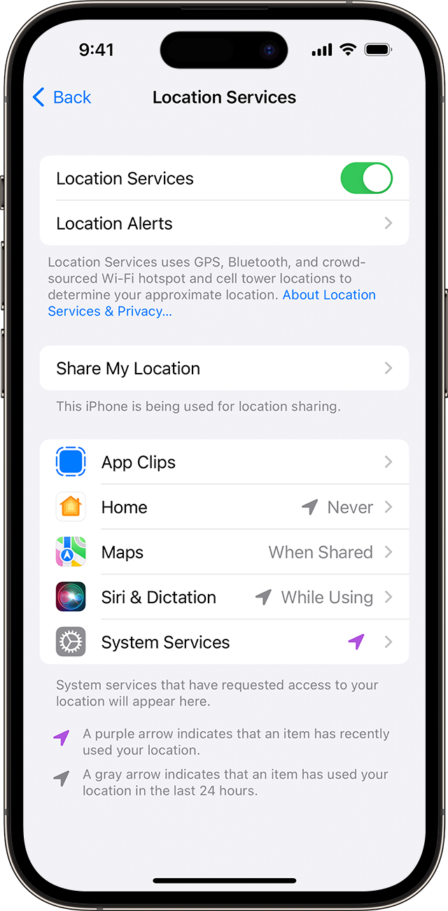 iOS 16 搭載 iPhone14 Pro の「設定」＞「プライバシーとセキュリティ」＞「位置情報サービス」