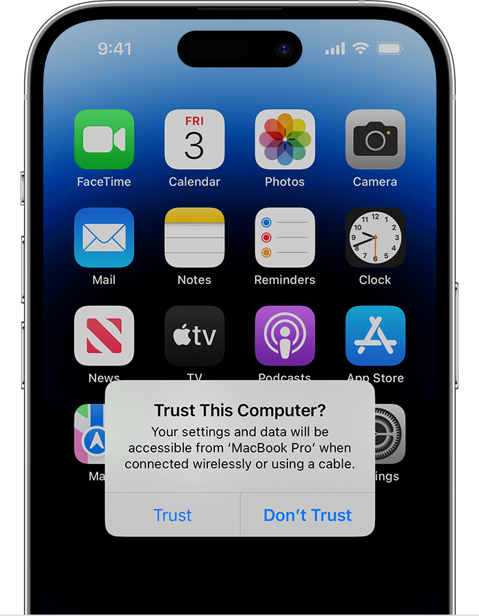 iPhone のホーム画面で、「このコンピュータを信頼しますか？」という警告メッセージが表示されているところ。