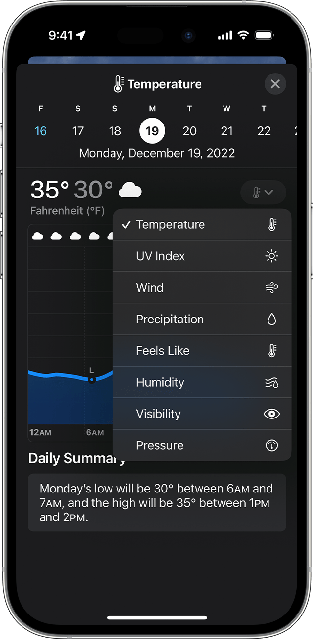 An iPhone showing weather condition options